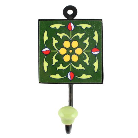Ceramic Floral Tile Hook in Forest Green